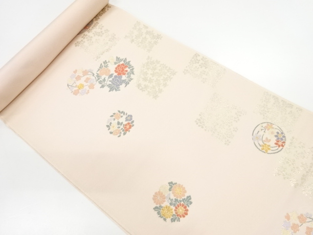 JAPANESE KIMONO / ANTIQUE BOLT FOR NAGOYA OBI / WOVEN FLOWER ROUNDEL